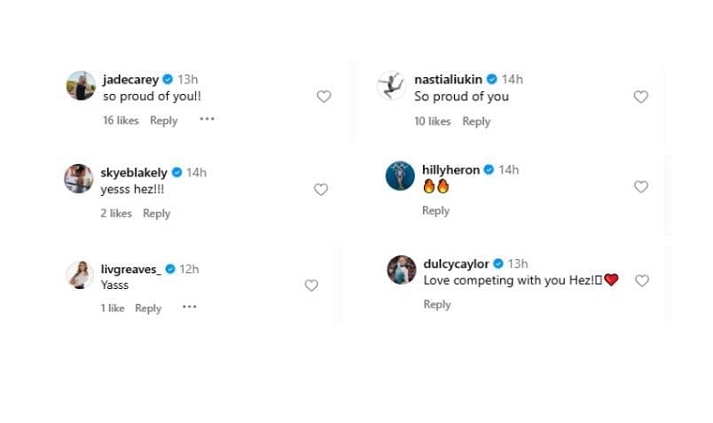Screenshot of Hezly Rivera's Instagram post featuring athletes' comments | Source: IG/hezrivera